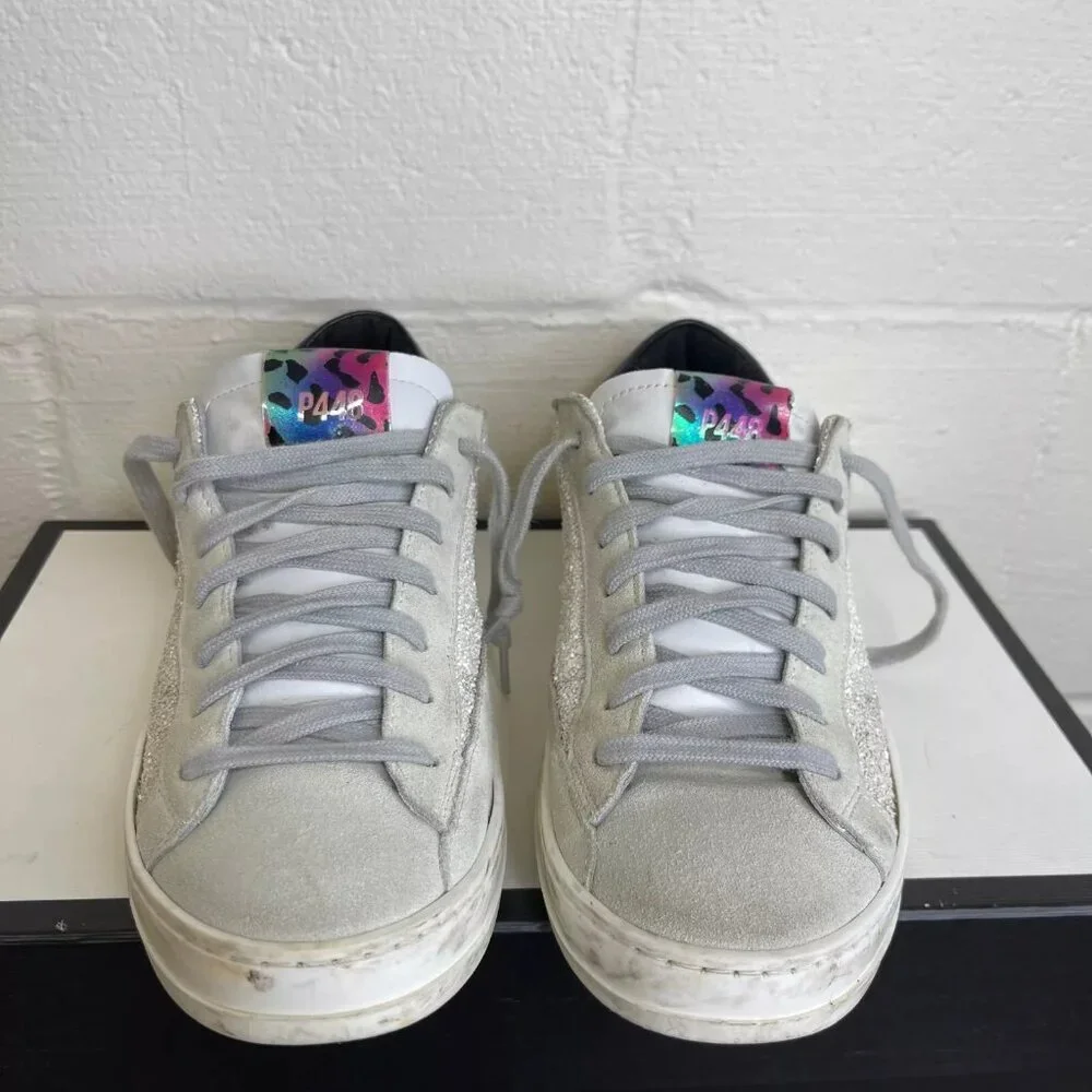 P448 Glitter Colorblock Pattern White Grey Silver Sneakers Low Top Women's 38 EU